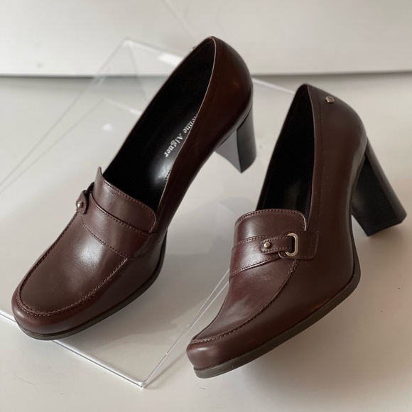 Etienne Aigner Brown Leather Platform Pumps Heels Chunky Block Heels E-Tartan, 8 - Picture 9 of 11